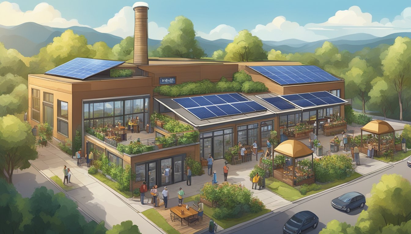 A bustling local brewery surrounded by greenery and solar panels, with a diverse array of innovative craft beer offerings on display