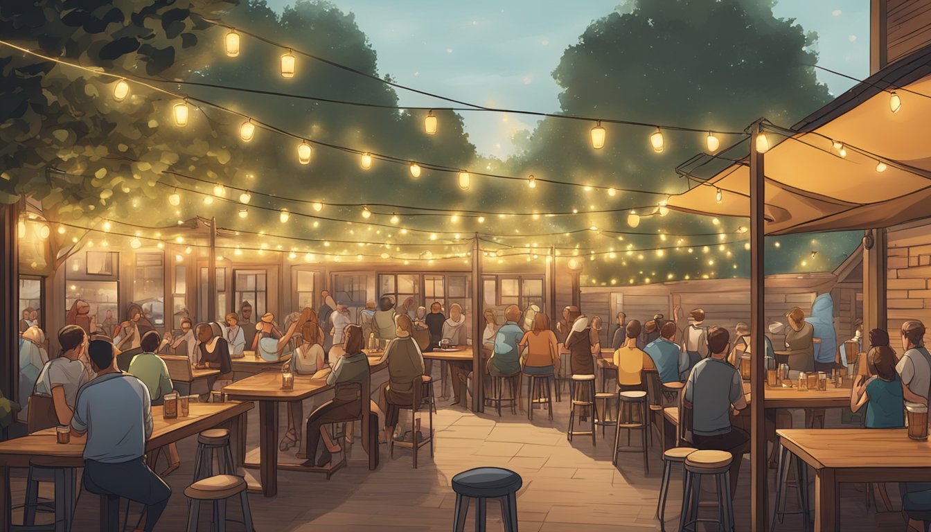 A bustling beer garden with rustic wooden tables, string lights, and a variety of local craft beer taps. Lively chatter and clinking glasses fill the air