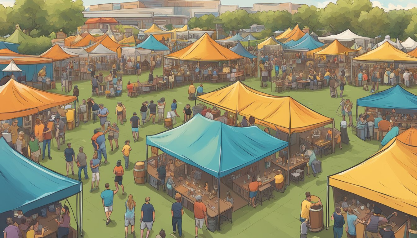 A bustling craft beer festival in Plano, TX, with local breweries showcasing their unique brews under colorful tents. Live music and happy patrons enjoying the lively atmosphere