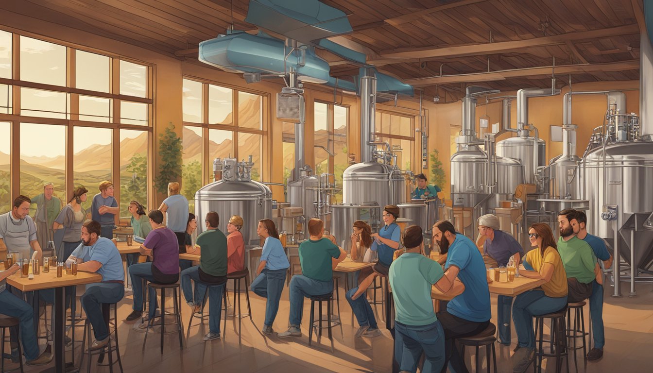 A bustling local brewery in West Valley City, Utah, with patrons enjoying craft beer and lively conversation