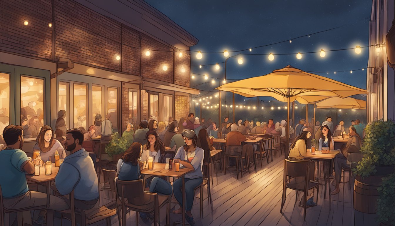 A cozy, bustling patio at Drafthouse. Tables filled with patrons enjoying local craft beers. String lights overhead create a warm, inviting atmosphere