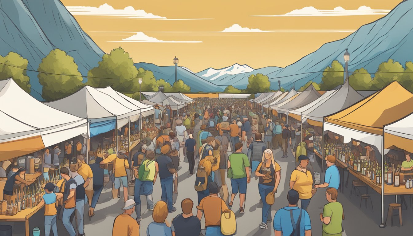 A bustling craft beer festival with rows of vendor booths, beer tastings, and excited attendees in West Valley City, Utah