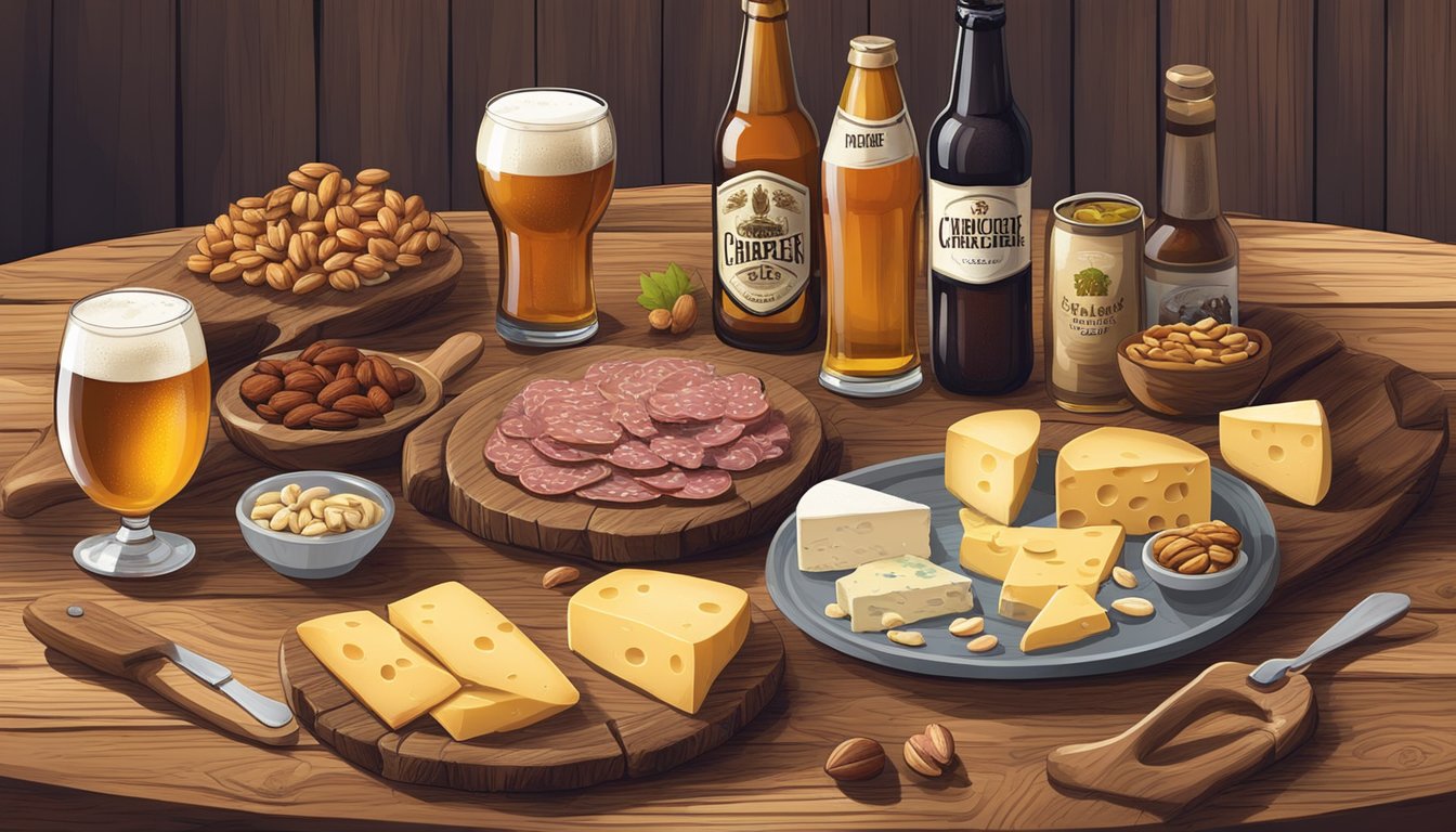 A rustic wooden table with an assortment of craft beer bottles and glasses, accompanied by small plates of cheese, charcuterie, and nuts