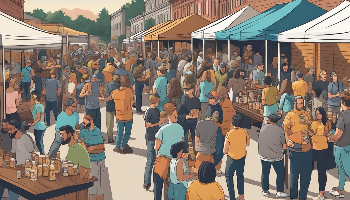 A bustling craft beer festival with diverse vendors, live music, and enthusiastic patrons sampling and discussing local brews