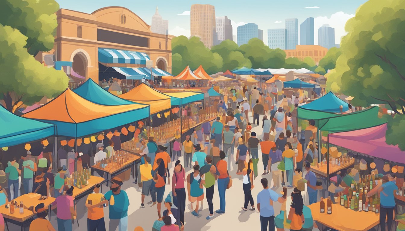 A bustling craft beer festival in San Antonio, with rows of colorful vendor booths and lively crowds sampling various brews