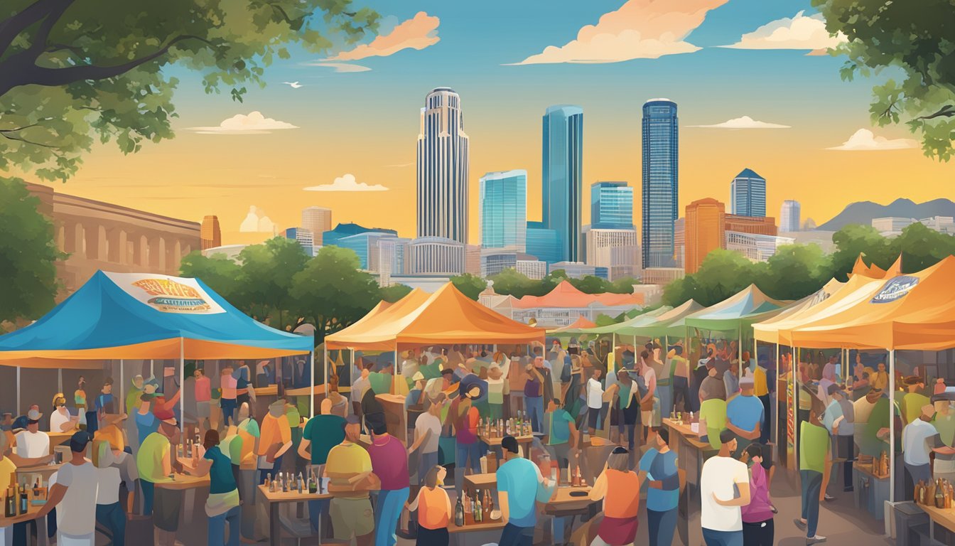 A bustling craft beer festival with a variety of colorful beer styles and flavors on display, set against the backdrop of San Antonio's iconic skyline