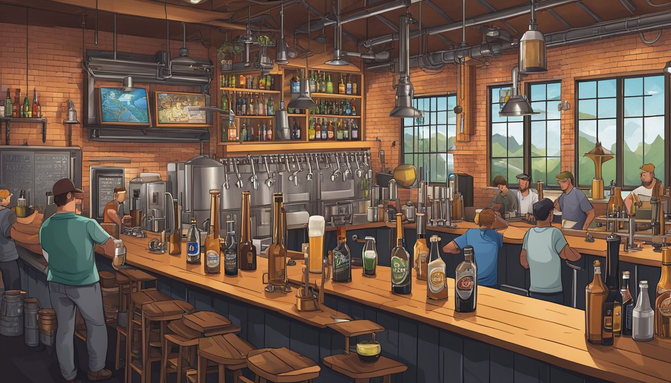 A bustling taproom with a variety of craft beer taps, surrounded by industrial brewing equipment and vibrant wall art