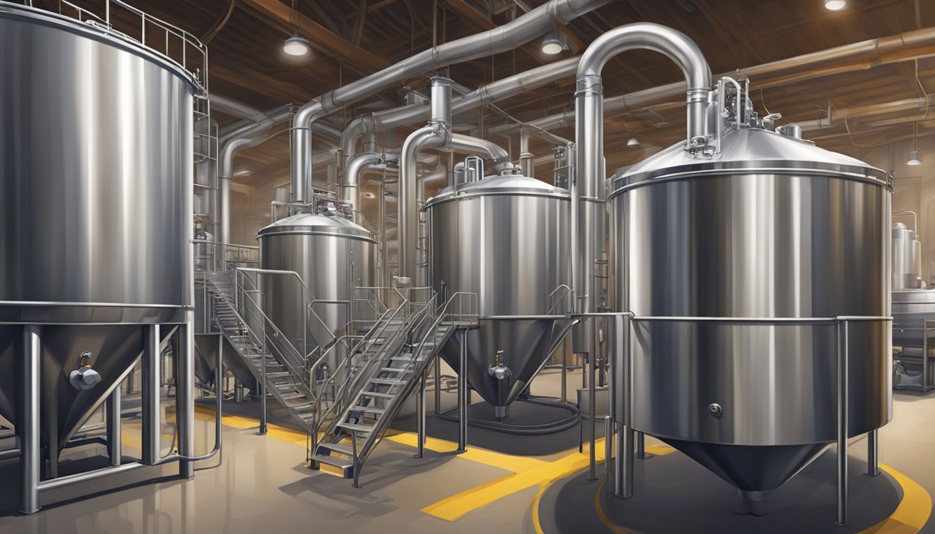 A brewery in San Antonio, TX, with large metal vats, pipes, and a conveyor belt, surrounded by workers in aprons and hard hats