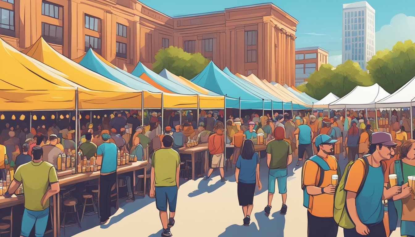 A bustling craft beer festival with rows of colorful tents, live music, and people sampling various local brews