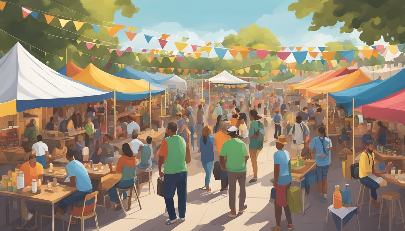 A bustling festival scene with colorful tents and banners, showcasing a variety of local craft beer vendors in San Antonio, TX