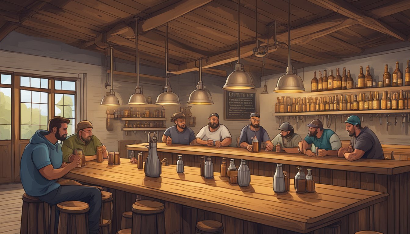 A group of local brewmasters gather around a table, discussing their craft beer creations. Barrels and brewing equipment line the walls of the rustic taproom