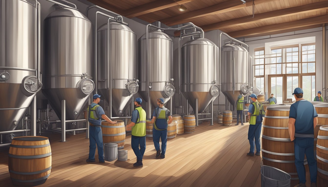 A bustling craft brewery with stainless steel tanks, wooden barrels, and a team of workers carefully monitoring the brewing process