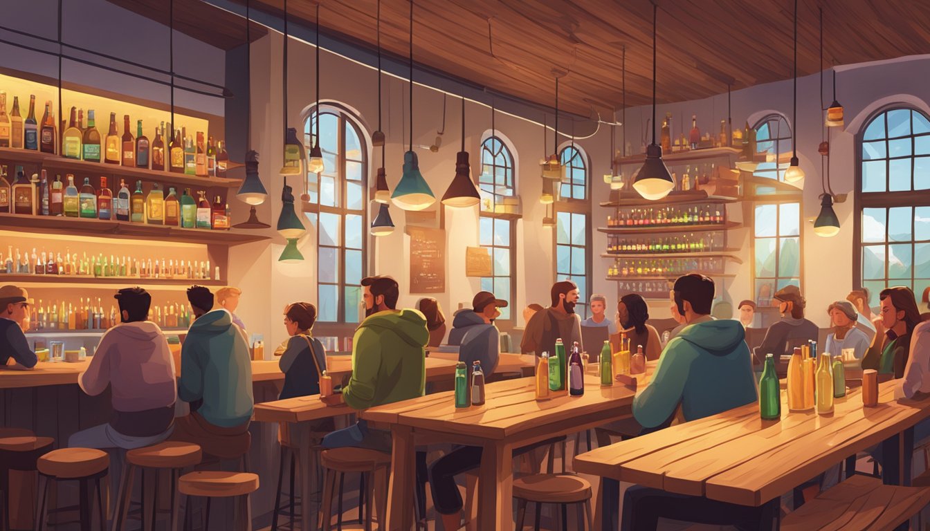 A cozy brewery with wooden tables, hanging string lights, and shelves filled with colorful bottles of craft beer. People chat and laugh as they enjoy their drinks