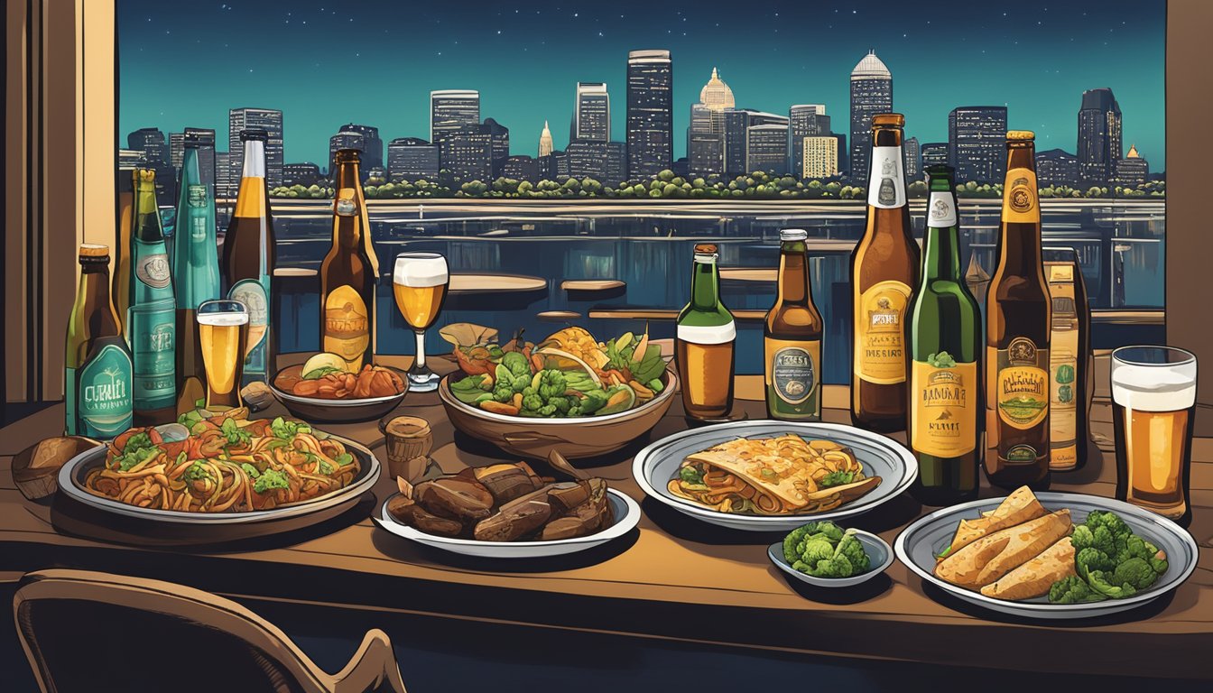 A table set with a variety of dishes, surrounded by bottles and glasses of craft beer, with a backdrop of the Pasadena, TX skyline