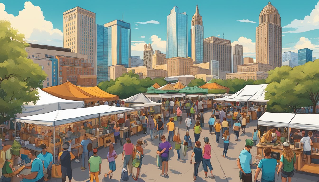 A bustling craft beer festival in San Antonio, with a variety of unique brews, food trucks, and live music, all set against the backdrop of the city's iconic skyline