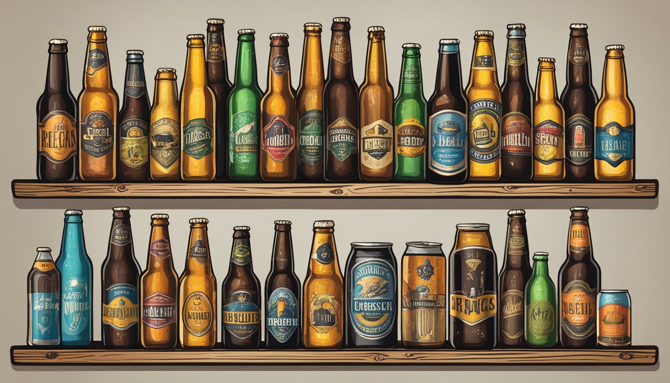 A variety of craft beer bottles and cans are displayed on a rustic wooden shelf, with colorful labels and unique designs. A chalkboard sign lists the available local brews