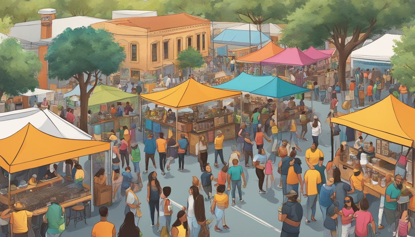 A bustling craft beer festival with diverse brews, food trucks, and live music in a vibrant San Antonio neighborhood