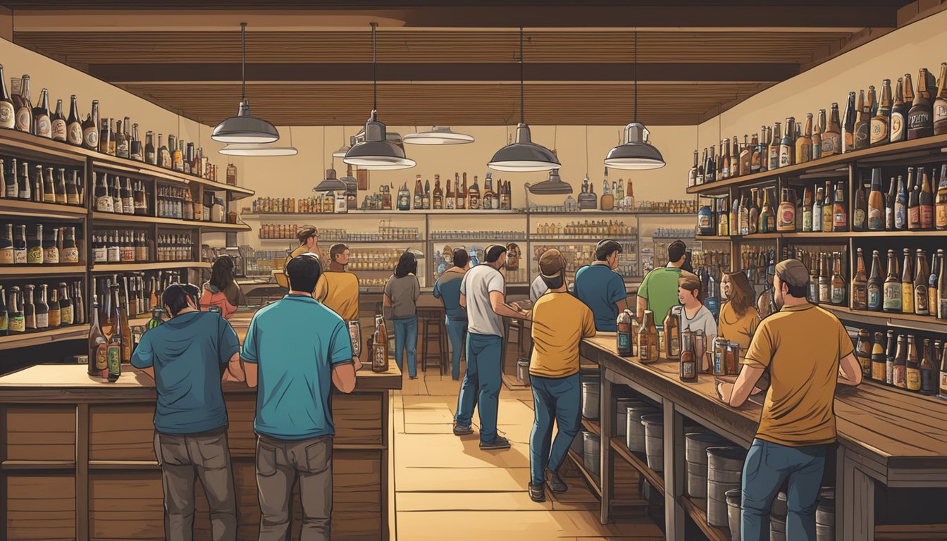 A bustling local craft brewery in San Antonio, TX with shelves stocked with various beer bottles and cans, customers browsing and purchasing beer, and staff members distributing orders