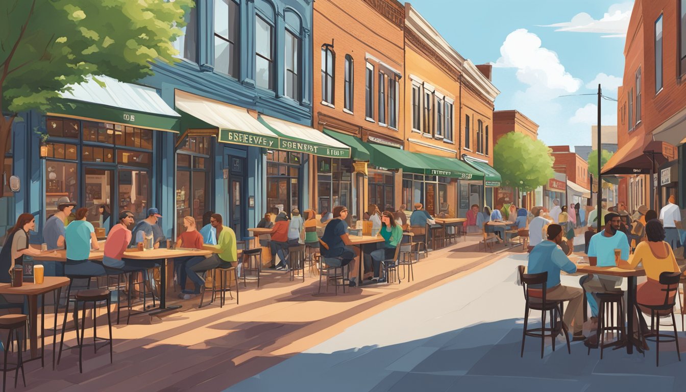 A bustling craft brewery district in Richmond, VA with colorful storefronts, outdoor seating, and people enjoying local beer