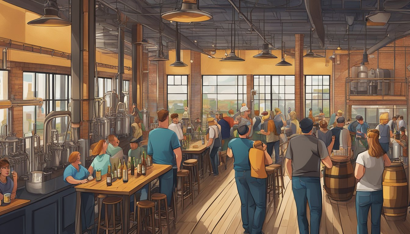 A bustling craft brewery scene in Richardson, TX, with patrons enjoying unique beers in a lively, industrial-chic setting