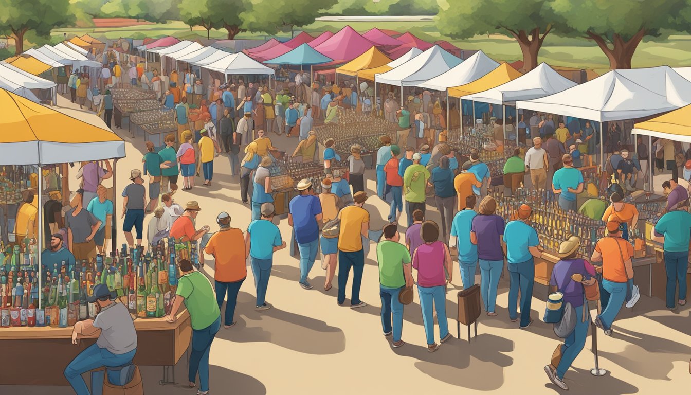 A bustling craft beer festival in Wichita Falls, with rows of colorful beer taps and vendors serving up unique brews to a lively crowd