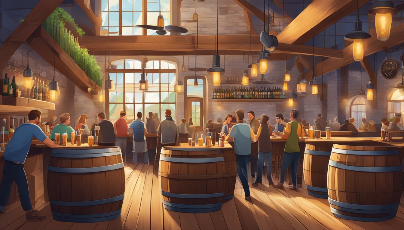 A bustling brewery scene with various beer taps, wooden barrels, and patrons enjoying tastings in a vibrant atmosphere