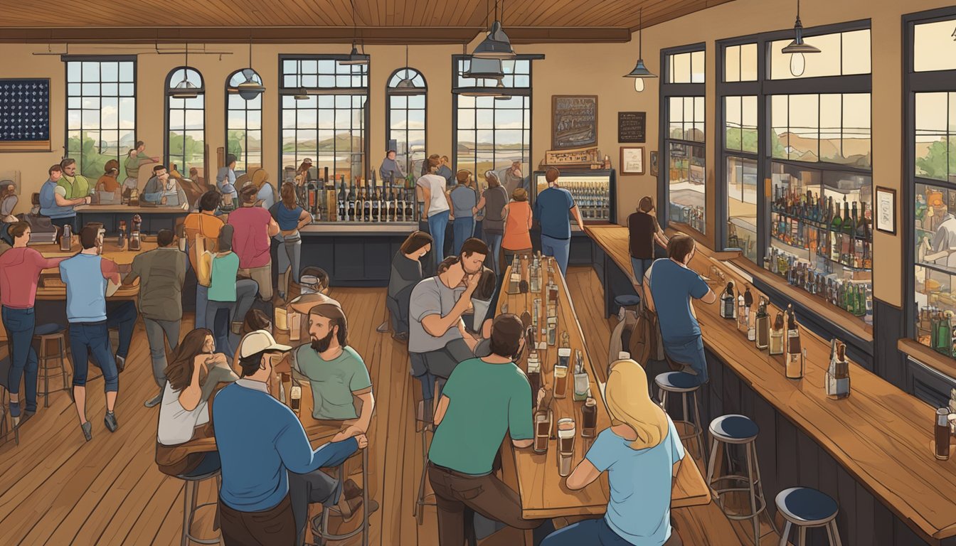 A bustling taproom with patrons enjoying a variety of local craft beers at Wichita Falls Brewing Co