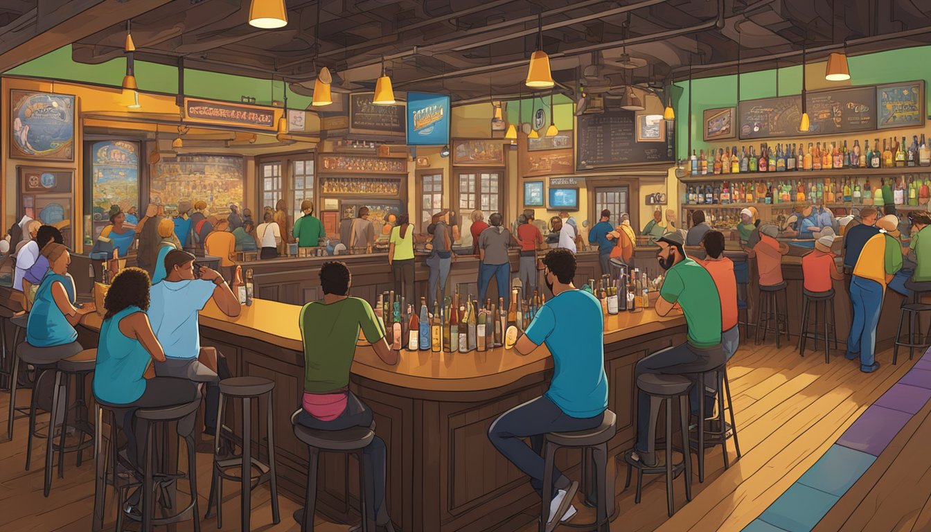 A bustling taproom filled with diverse patrons enjoying craft beer and lively conversation. Beer taps line the bar, and colorful brewery logos adorn the walls