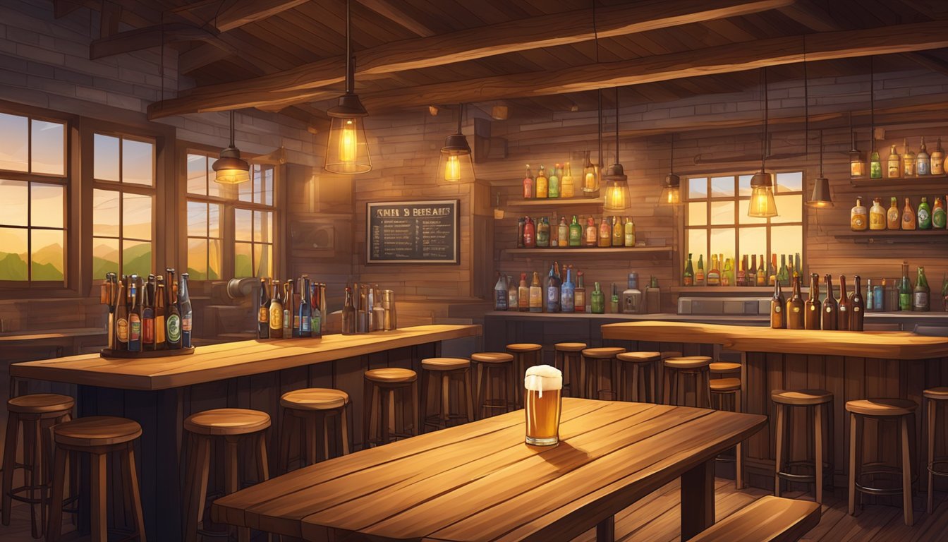 A cozy taproom with a variety of craft beer taps, rustic wooden tables, and warm lighting creates a welcoming atmosphere for beer enthusiasts