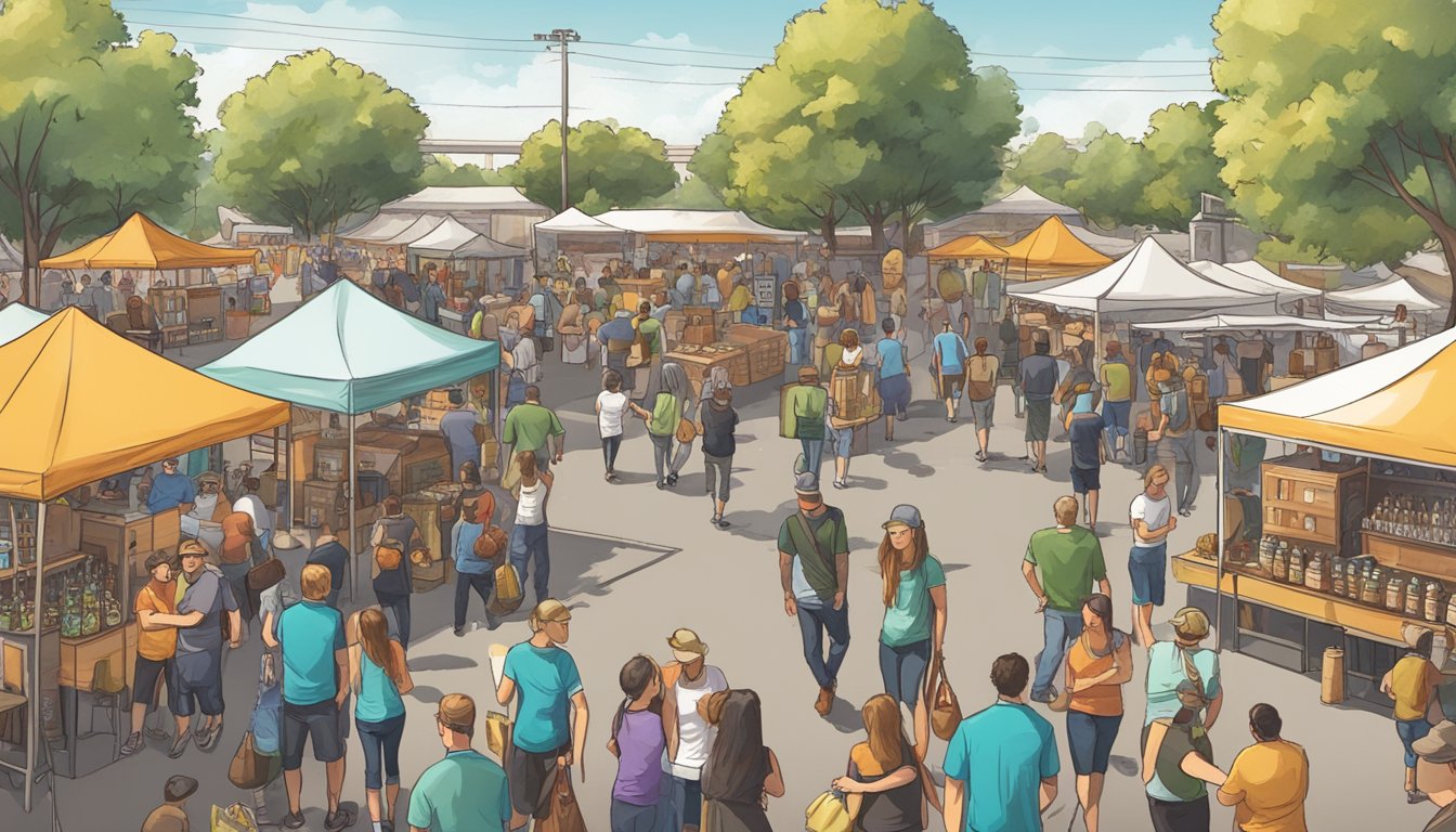 A bustling local craft beer festival in Richardson, TX, with live music, food trucks, and a variety of beer vendors