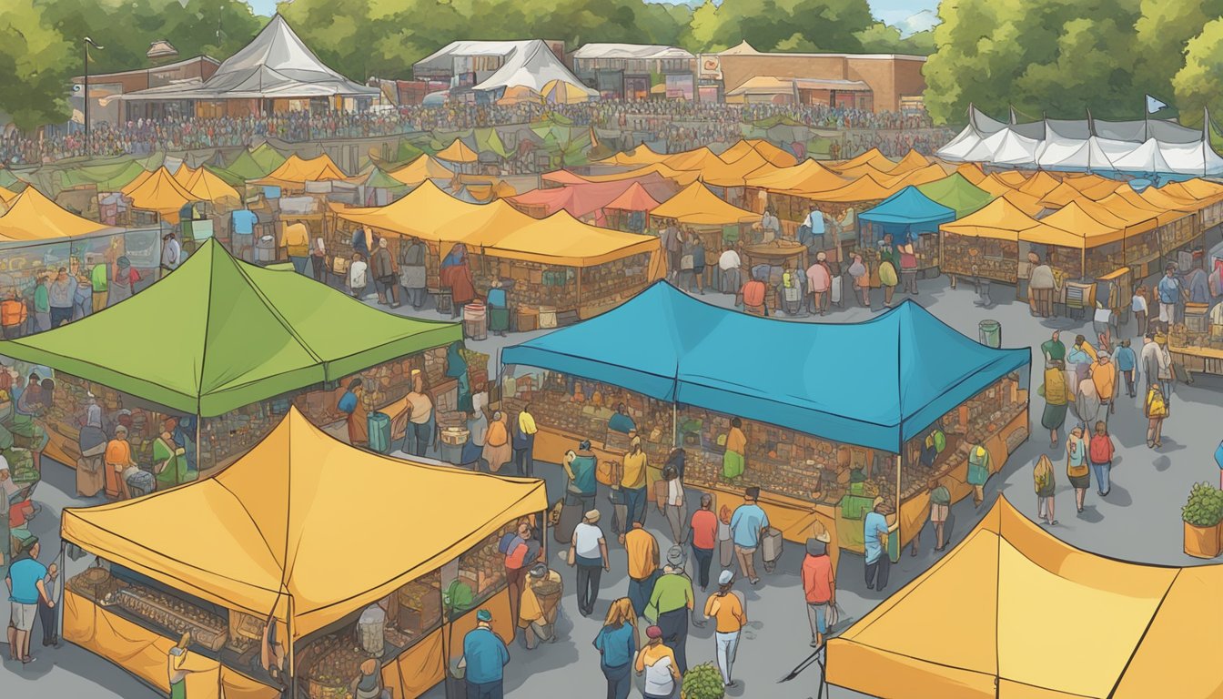 A bustling local craft beer festival in Richmond, VA, with rows of colorful tents and a lively crowd sampling various brews