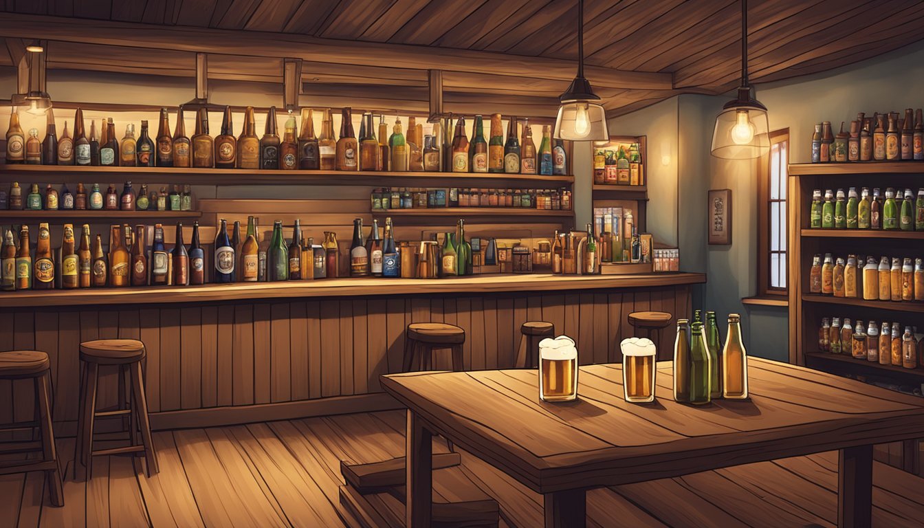 A cozy taproom with shelves of specialty beer bottles and seasonal brews, surrounded by rustic decor and soft lighting