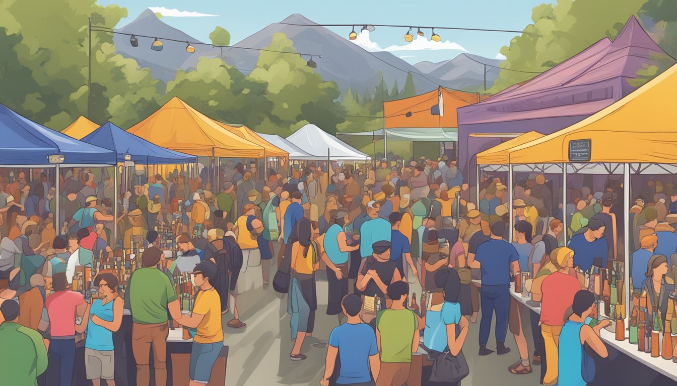 A bustling craft beer festival with rows of colorful taps and eager patrons sampling various brews