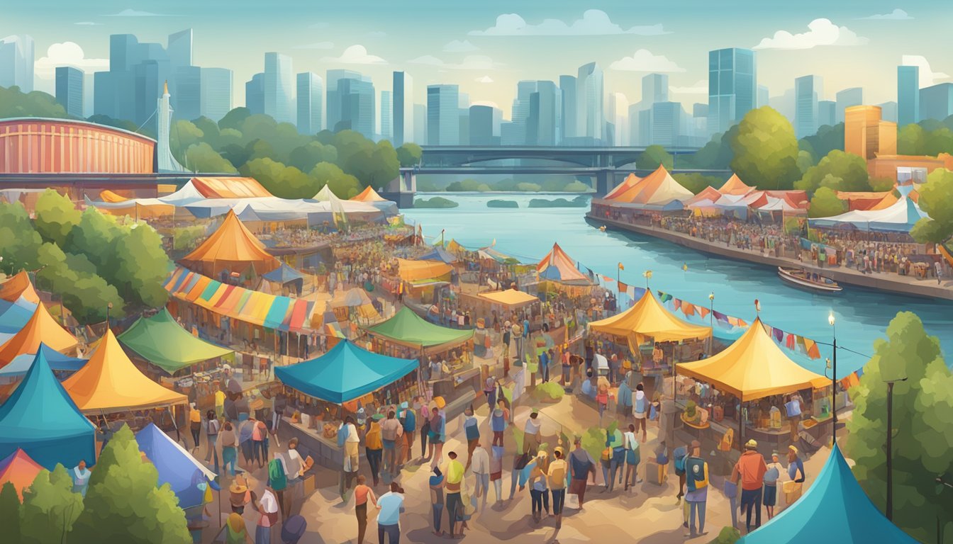 A crowded craft beer festival with colorful banners and tents, surrounded by a bustling cityscape and a river flowing nearby