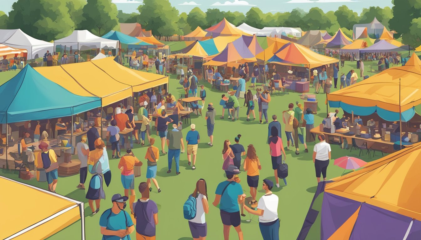 A bustling craft beer festival in Richardson, TX, with colorful tents, live music, and people enjoying a variety of local brews