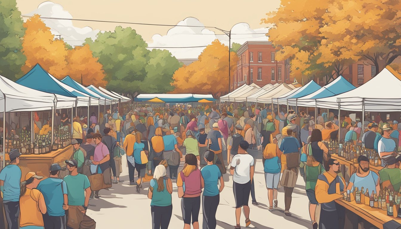 A bustling craft beer festival in Richmond, VA, with rows of colorful vendor booths and enthusiastic attendees sampling and purchasing local brews