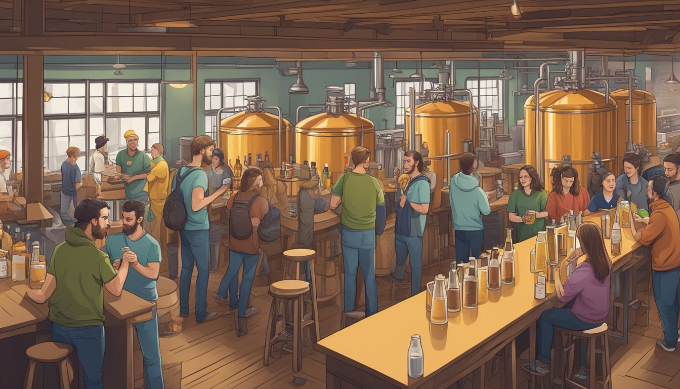 A bustling craft brewery with patrons sampling various beers, engaging in lively conversation, and learning about the brewing process