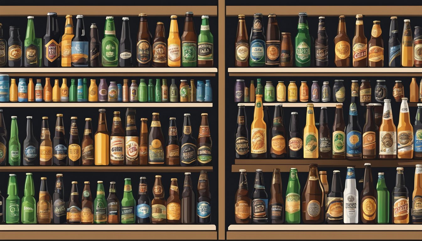 A variety of craft beer bottles and cans displayed on shelves in a local brewery or liquor store in Wichita Falls, TX