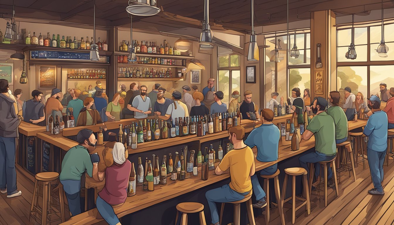 A bustling craft beer bar with a variety of taps, surrounded by people enjoying pints and engaging in lively conversation