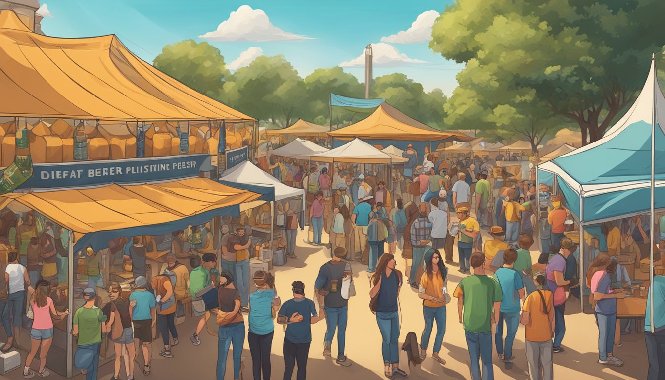 A bustling craft beer festival in Richardson, TX with a diverse selection of local breweries and lively patrons enjoying the vibrant atmosphere