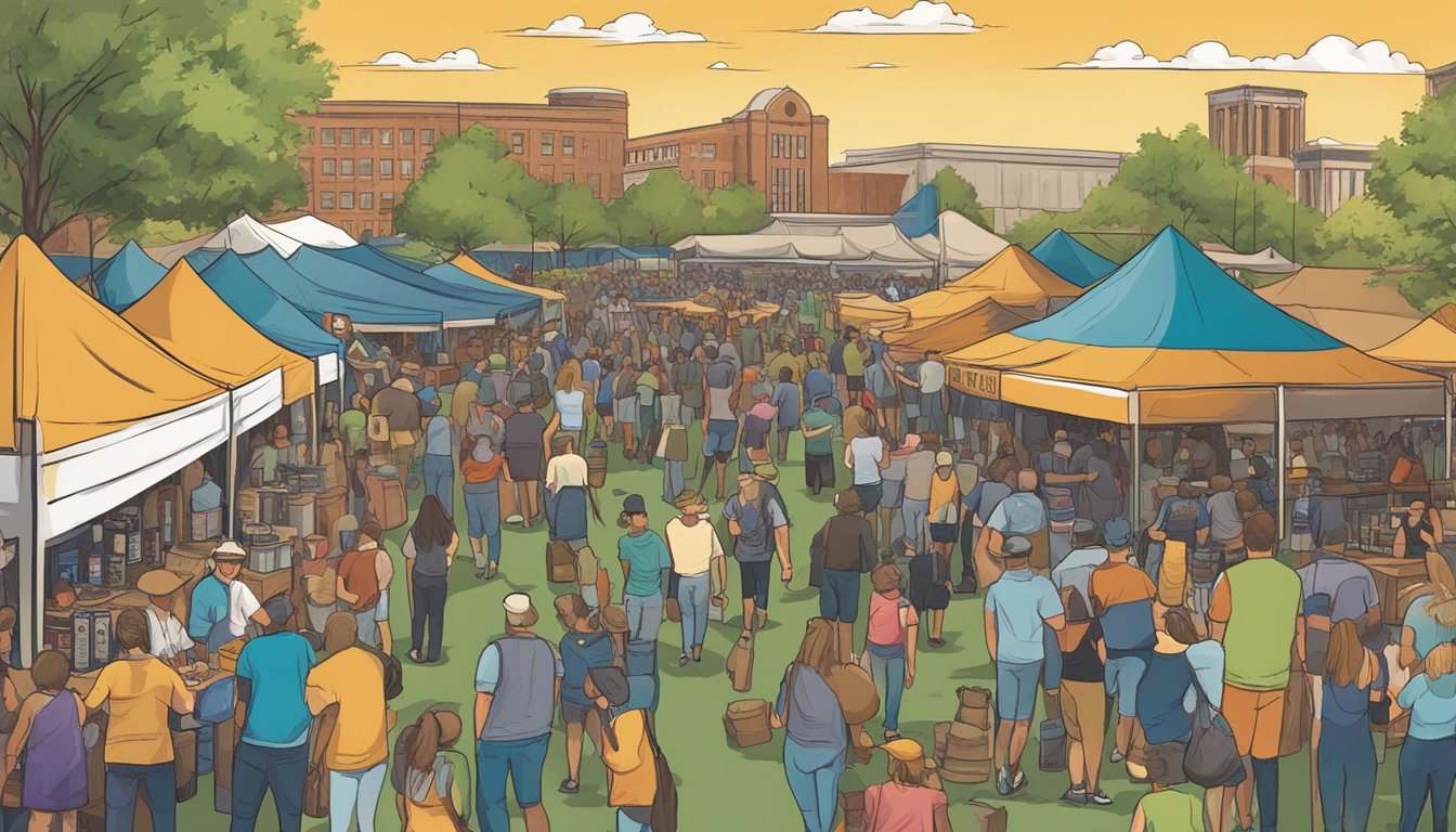 A bustling local craft beer festival in Wichita Falls, TX, with vendors, live music, and a diverse crowd enjoying the community's offerings