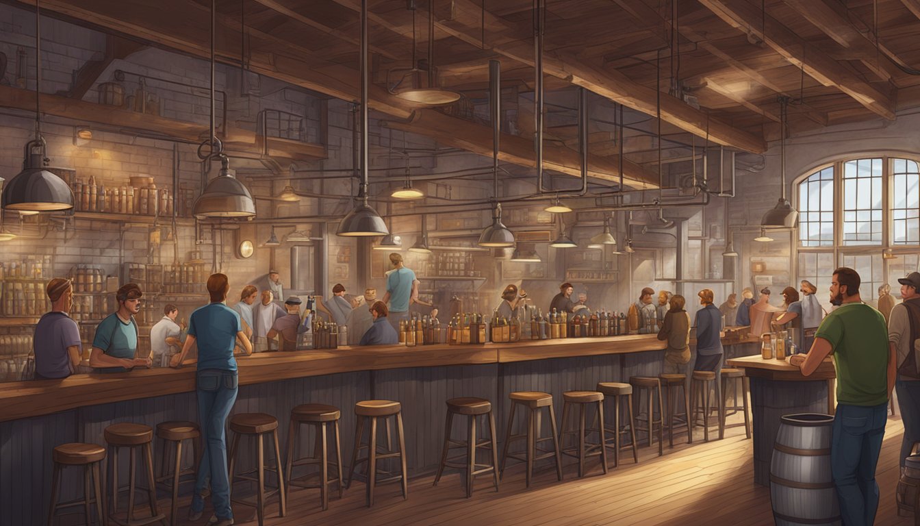 A bustling craft brewery scene with beer taps, barrels, and patrons enjoying drinks in a cozy, industrial space