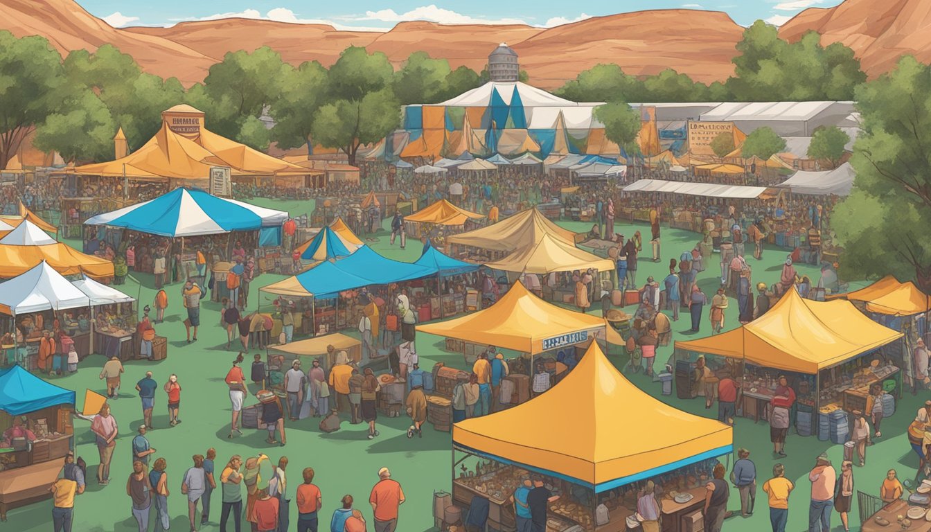 A bustling craft beer festival in St. George, Utah, with colorful tents, live music, and a variety of unique beer offerings