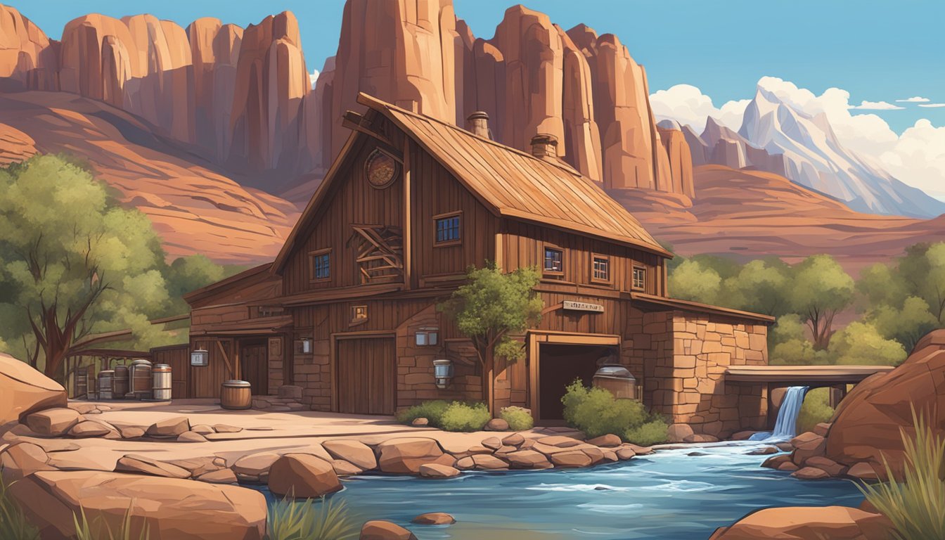 A rustic brewery nestled in the red rock landscape, surrounded by towering mountains and a clear blue sky. A stream flows nearby, providing fresh water for the brewing process