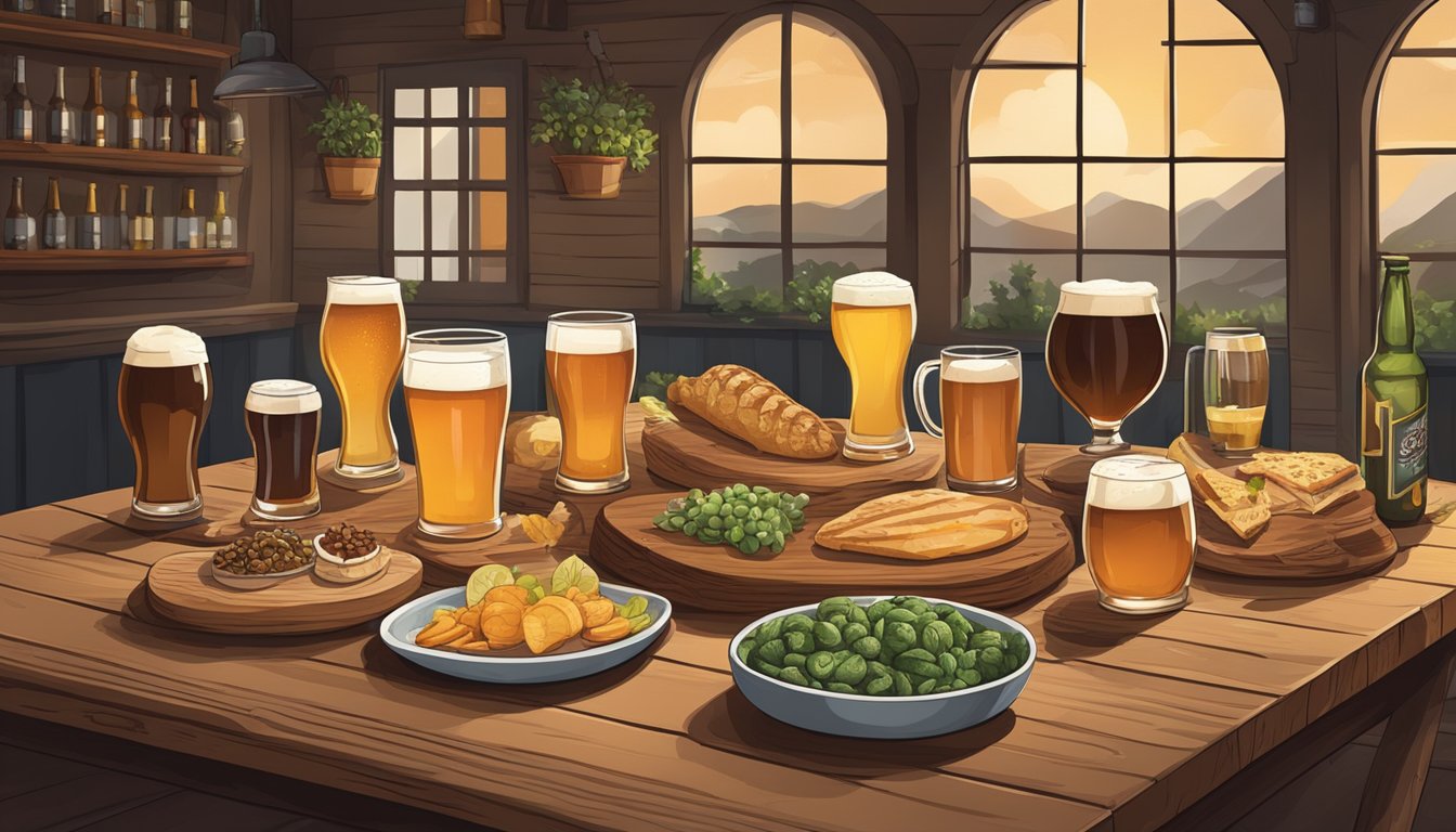 A rustic wooden table adorned with an assortment of local craft beers and gourmet food pairings in a cozy brewery setting