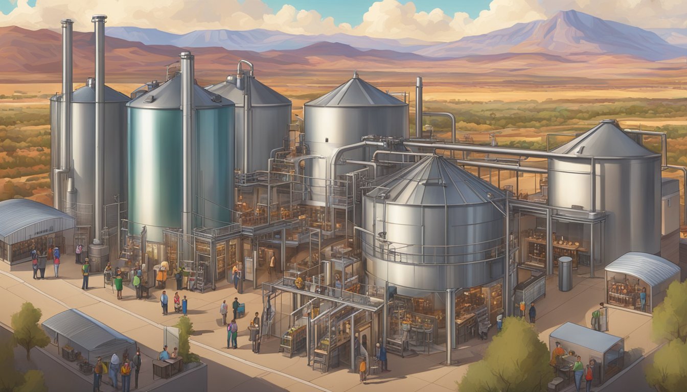 A bustling brewery with patrons enjoying craft beers, surrounded by fermenting tanks and a backdrop of the scenic St. George, Utah landscape