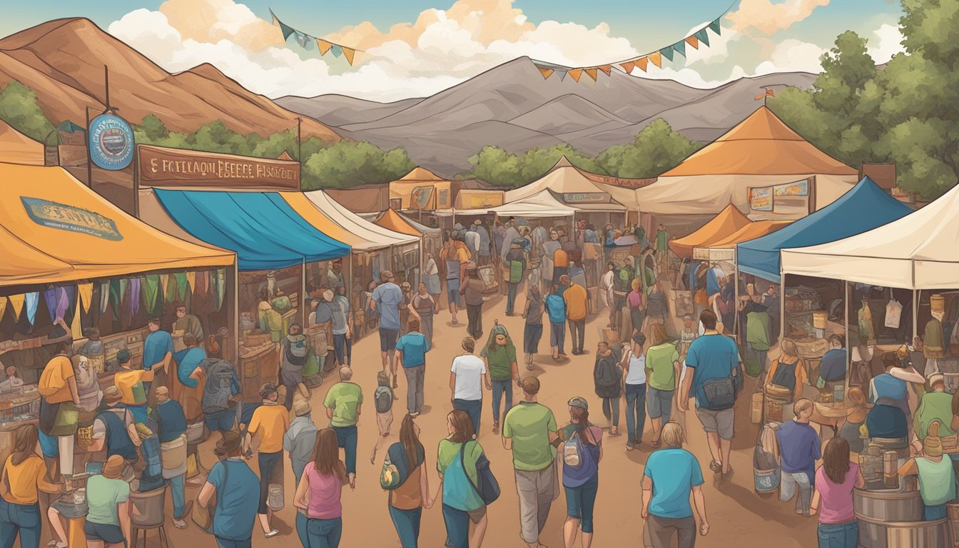 A bustling craft beer festival in St. George, UT, with colorful banners and a variety of seasonal and special release brews on display