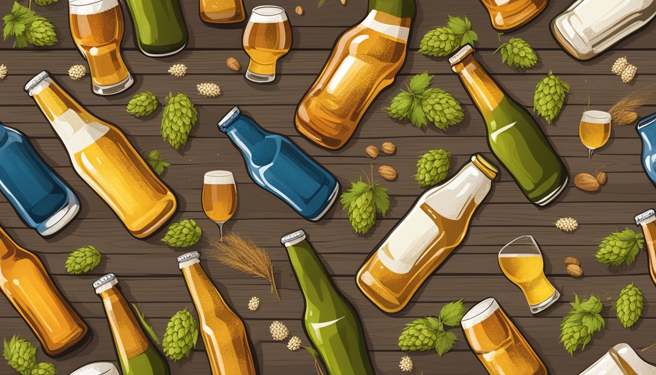 A group of craft beer bottles and glasses arranged on a rustic wooden table, with hops and barley scattered around