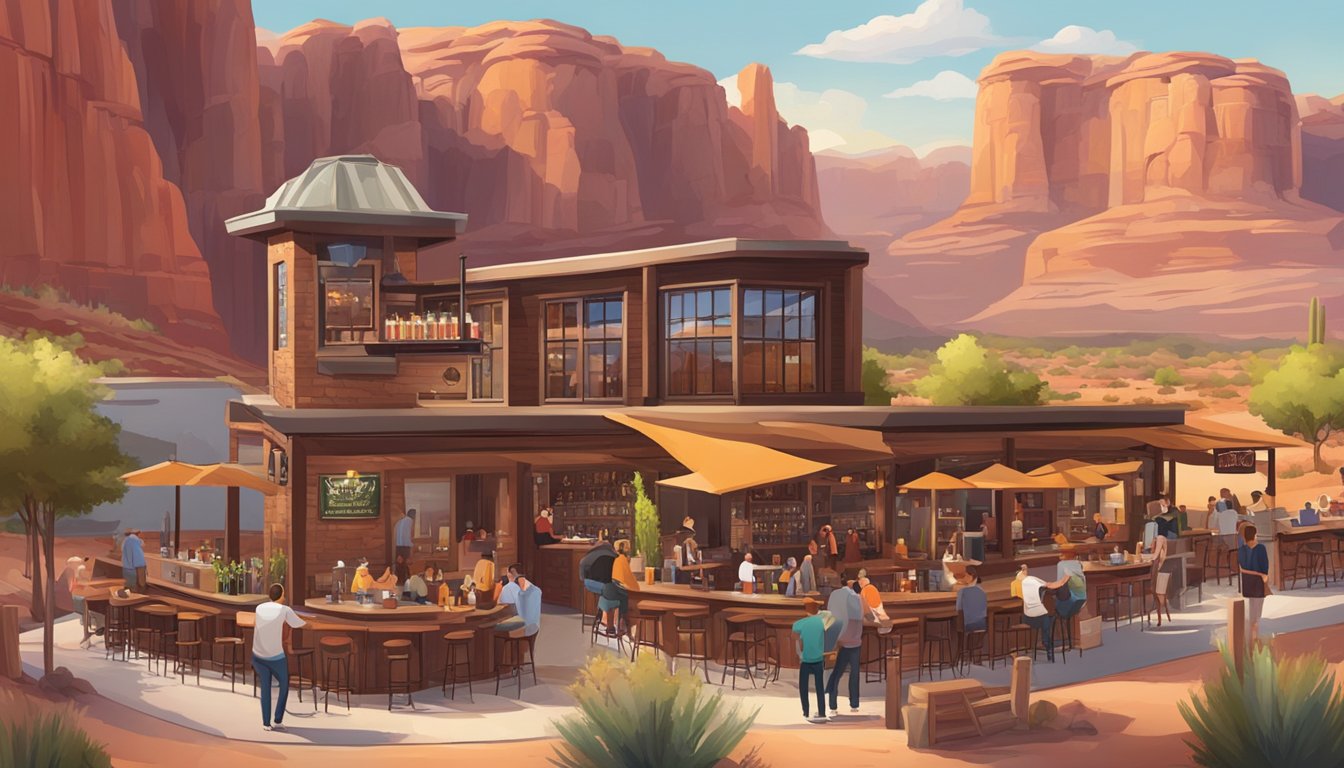 A bustling brewpub with outdoor seating, surrounded by red rock cliffs and desert landscape, with a variety of craft beer on tap