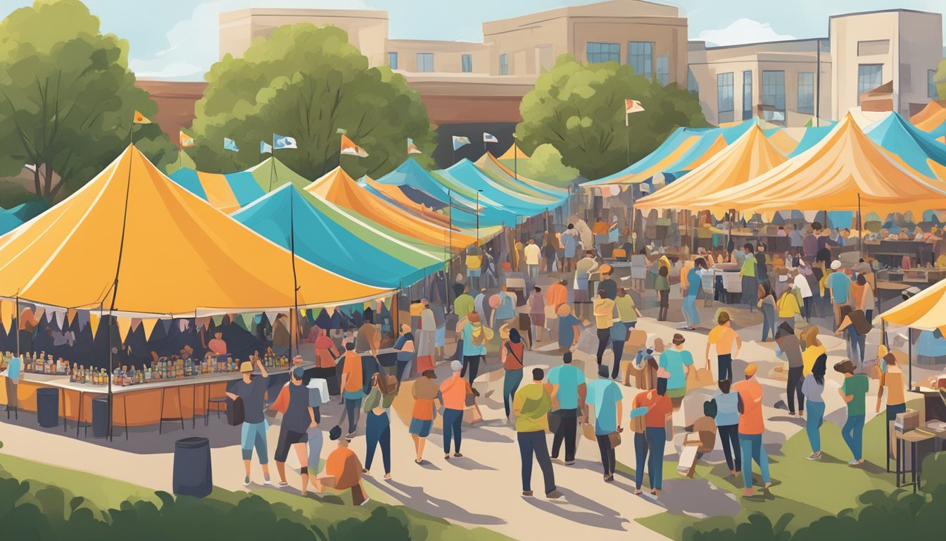 A bustling outdoor beer festival with colorful tents, live music, and people sampling local craft brews in Sugar Land, TX